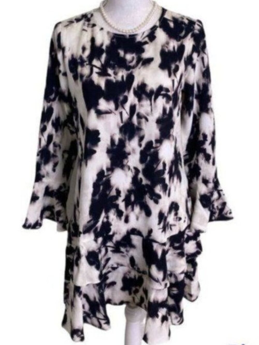 Bar III Floral Ruffle Hem Mini Dress Size Small Long Flutter Sleeve Black Purple